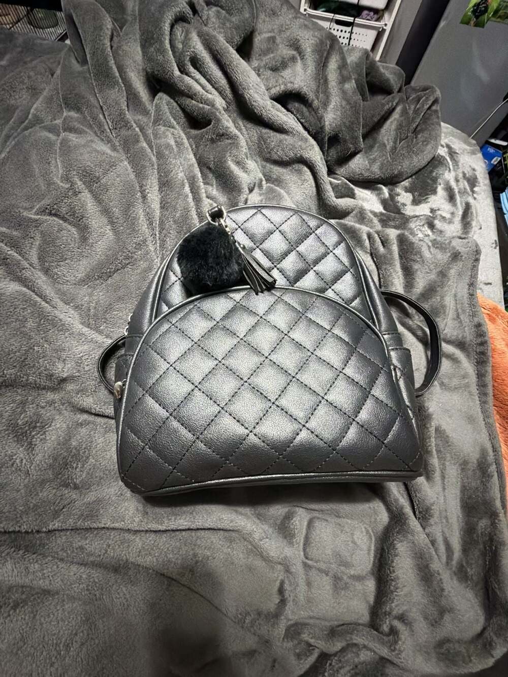 ECOSUSI Black Quilted Vegan Leather Mini Backpack with Pom Pom Charm